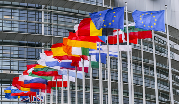 ES dalībvalstu karogi plīvo, fonā Eiropas Parlaments
