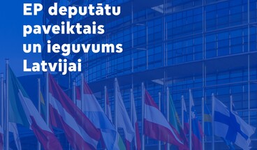 Dalībvalstu karogi, fonā Eiropas Parlamenta ēka, uzraksts EP deputātu paveiktais un ieguvums Latvijai